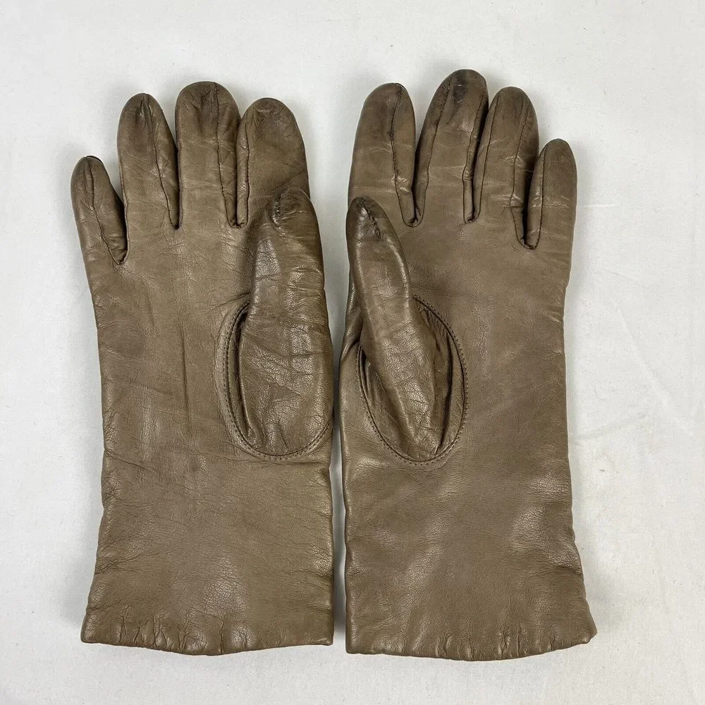 Vintage ARIS Womens Taupe‎ Tan Leather Cashmere Lined Gloves Size 7
